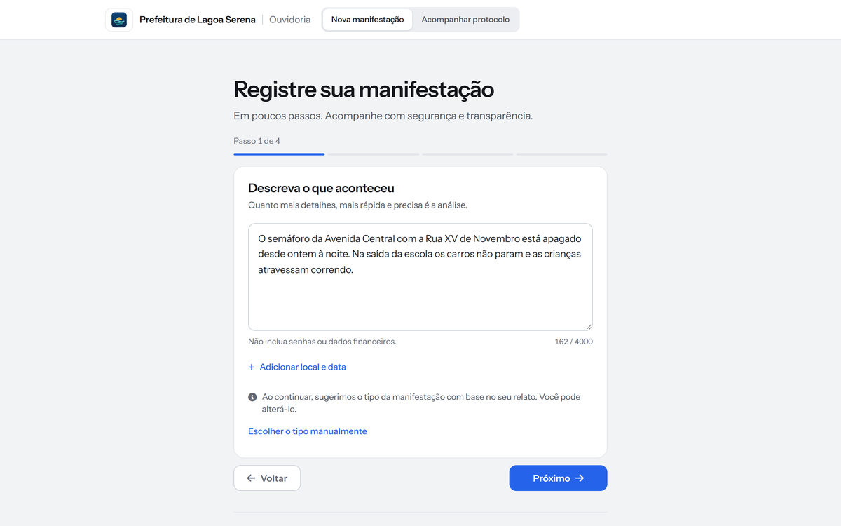 Portal no computador: o primeiro passo do registro, com o relato escrito