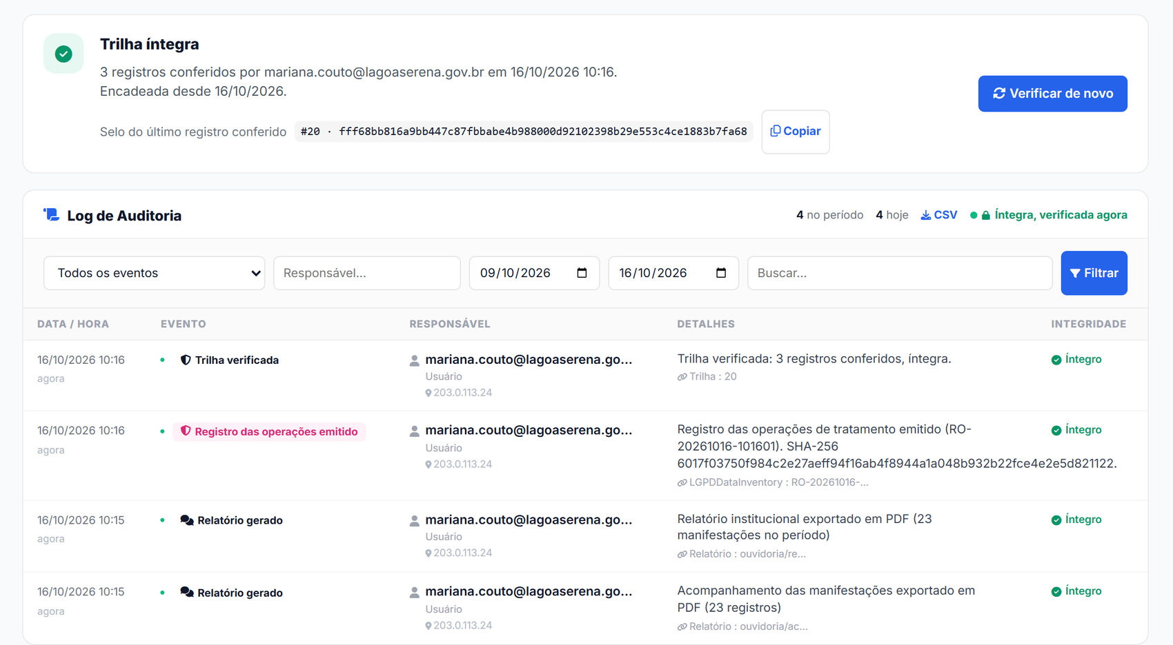 Trilha de auditoria verificada: registros conferidos, selo do último registro e eventos com responsável e IP