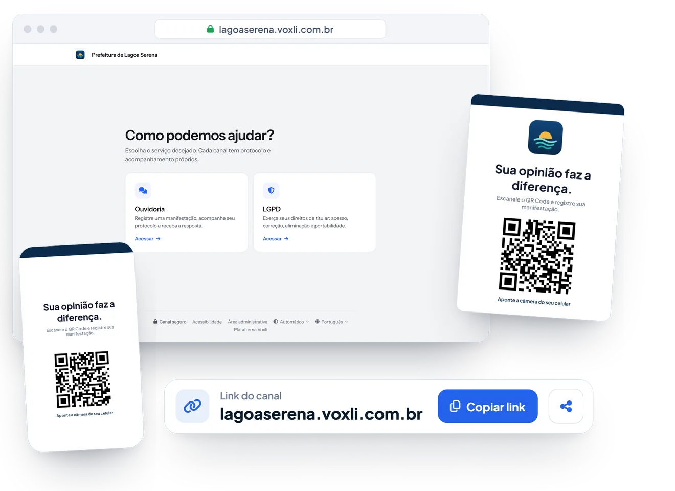 O portal do canal aberto no computador, o cartaz e o stories com QR code, e o link pronto para copiar e compartilhar