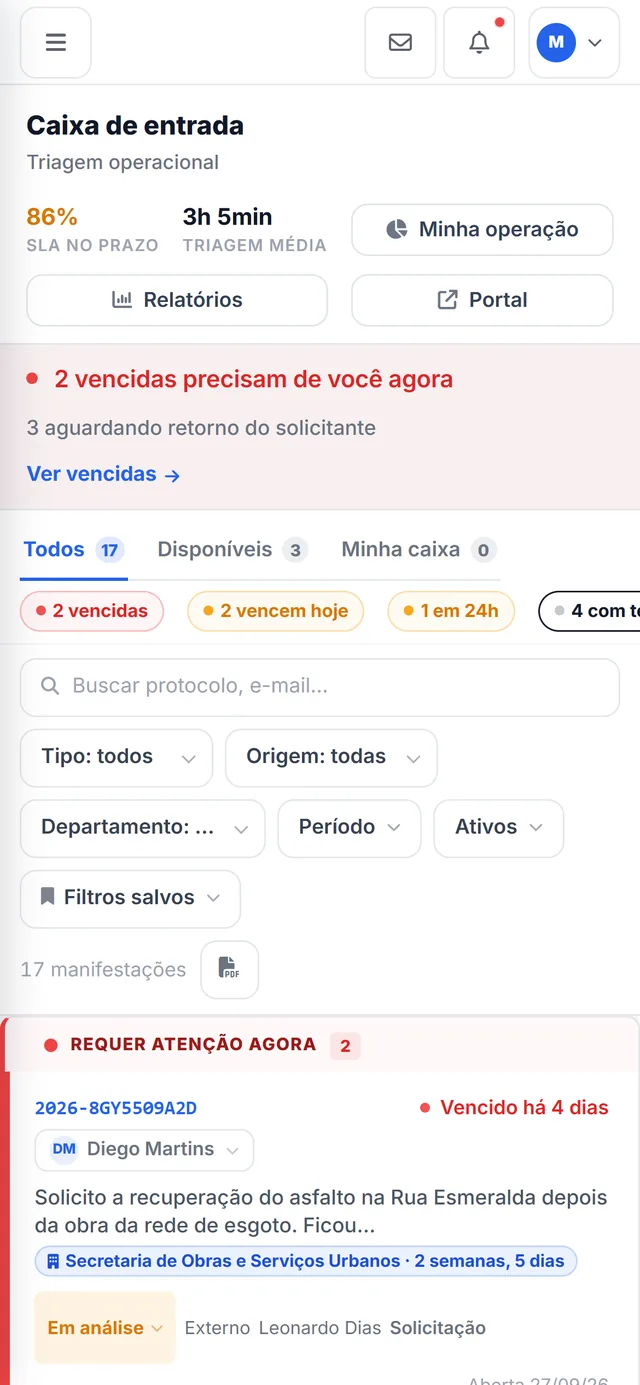 Caixa de entrada no celular, com os filtros por prazo