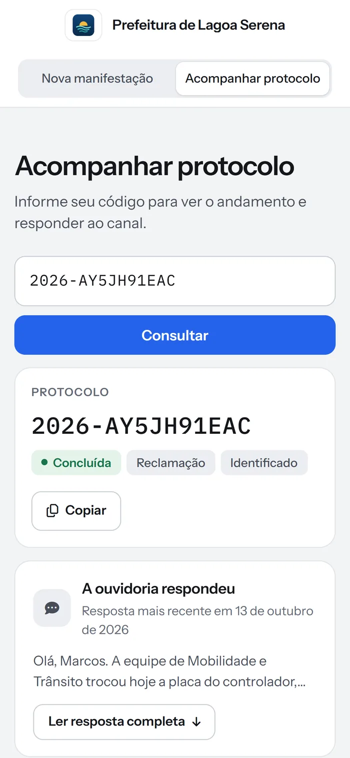 Consulta do protocolo no celular: manifestação concluída e a resposta da ouvidoria