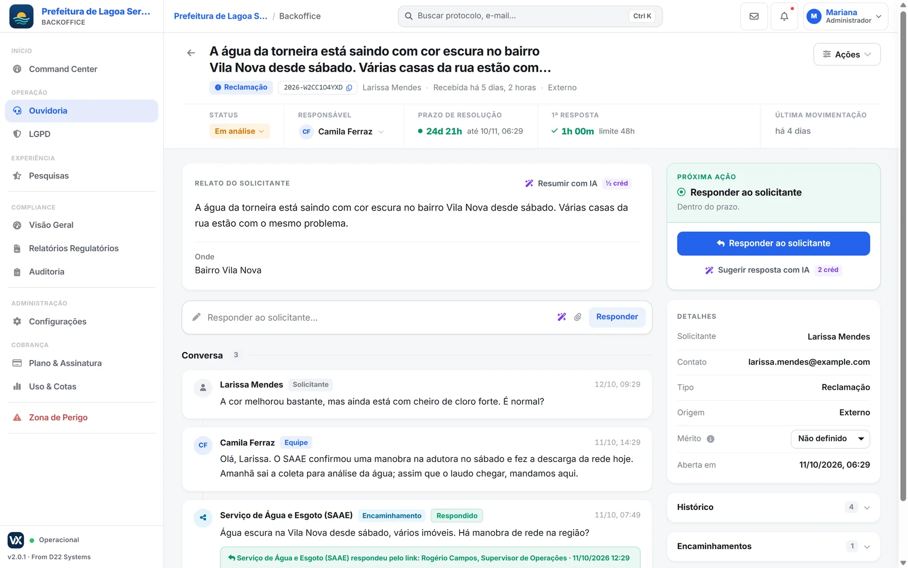 Manifestação aberta com prazo, relato, conversa e encaminhamento