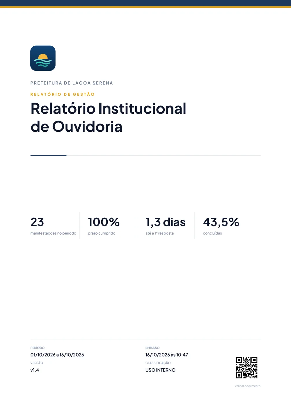 Capa do relatório com os números do período e o QR de verificação